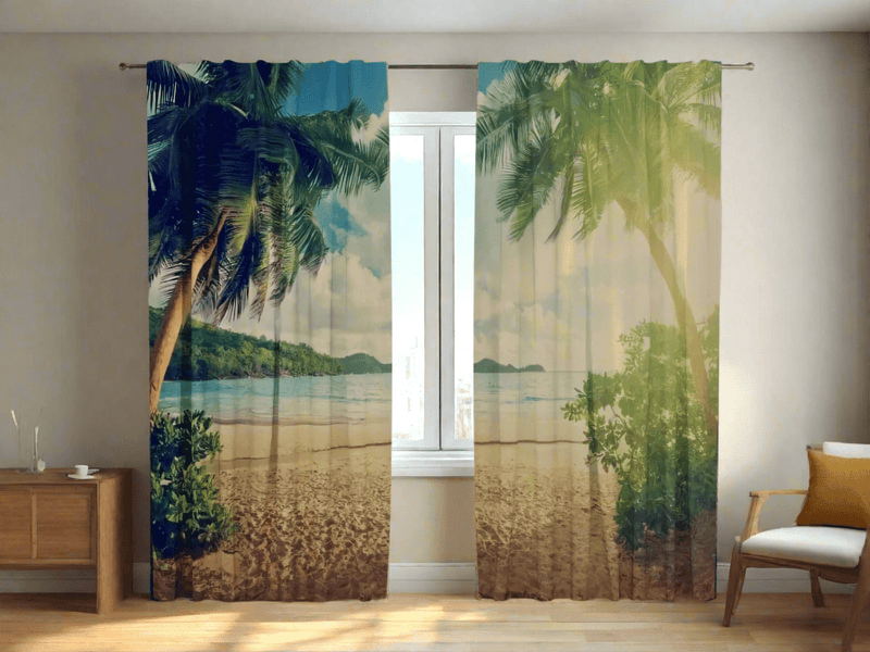 Day and night curtains with palm trees - Sunset in Seychelles Tapetenshop.lv