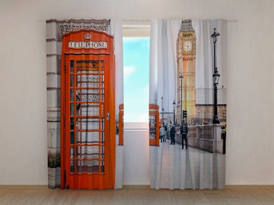 Curtains with London in gray shades with red accent on Tapetenshop.lv