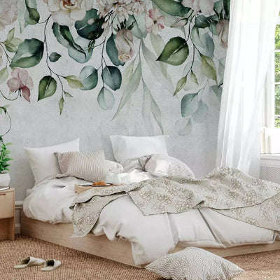 Wall Murals with green leaves and cream flowers - Relaxation, 135957