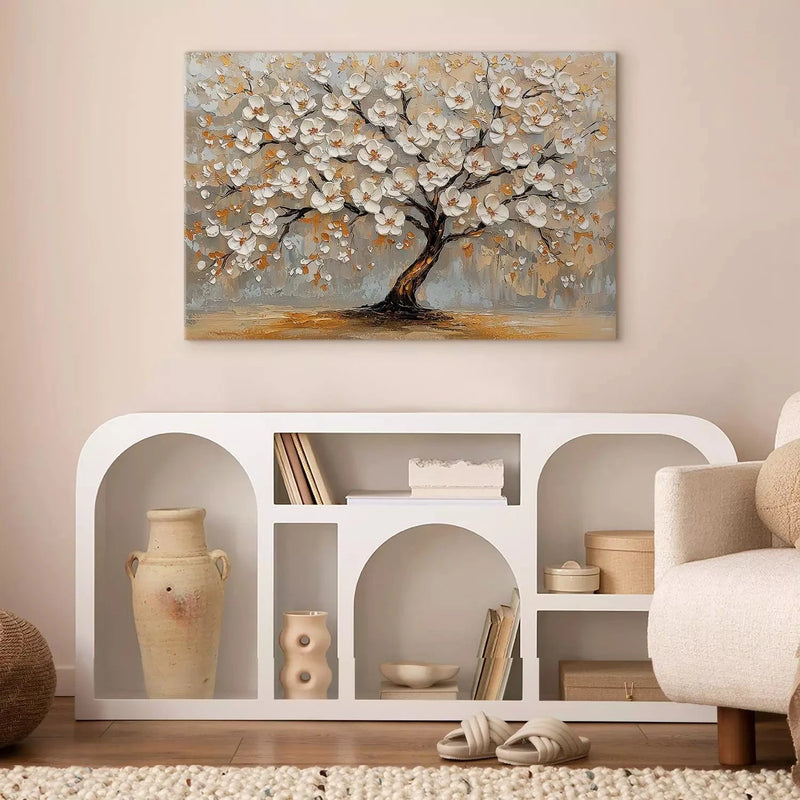 Canva with flowers - Golden Buds - beautiful tree with white flowers, 161998