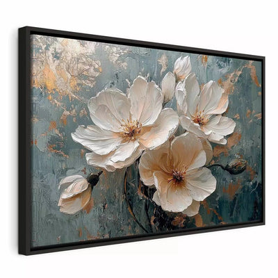 Painting in a black wooden frame - white flowers on a blue and gold background, 162002