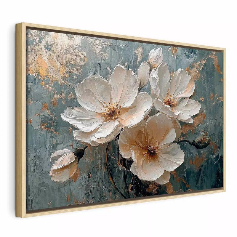 Painting in a wooden frame (natural color) - white flowers on a blue and gold background, 162002