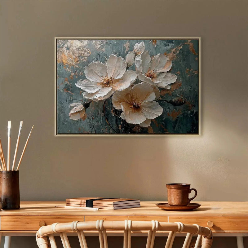 Painting in a wooden frame (natural color) - white flowers on a blue and gold background, 162002