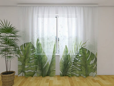 Day and night curtains for the living room - exotic green palm leaves on Tapetenshop.lv