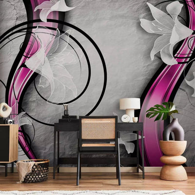 Wall Murals with white lilies on a gray background and purple lines G-ART