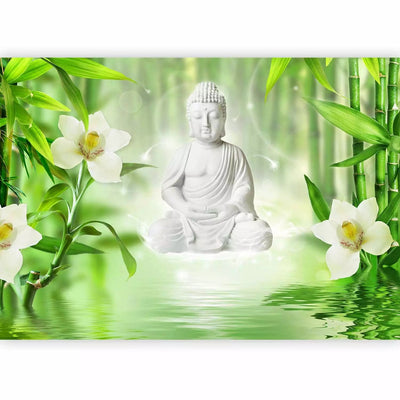 Valokuvatapetti SPA, jossa Buddha ja valkoinen orkidea, valkoinen, 61407G-ART