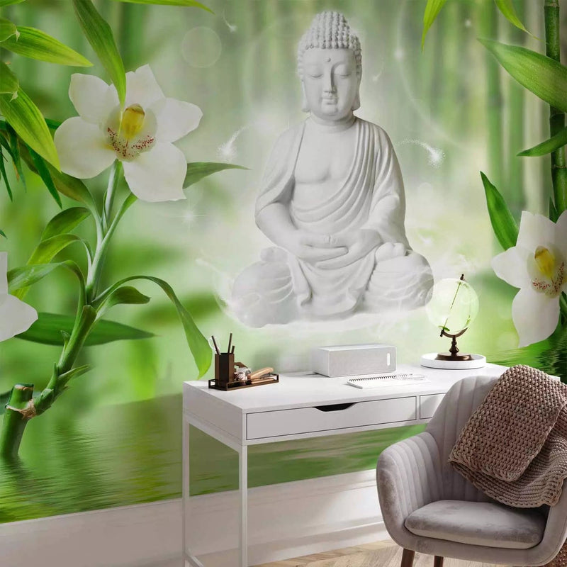 Valokuvatapetti SPA, jossa Buddha ja valkoinen orkidea, valkoinen, 61407G-ART