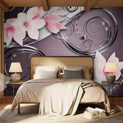 Wall Murals - Pink magnolias on a metallic background with G-ART patterns