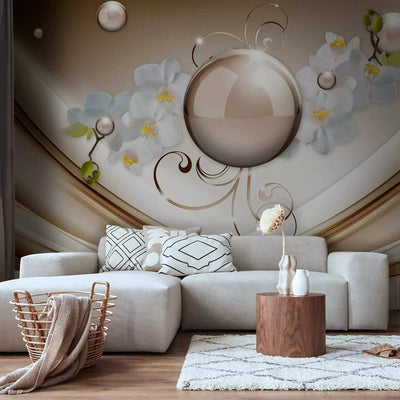 Wall Murals with elegant orchids and abstraction in gold, 62055G-ART