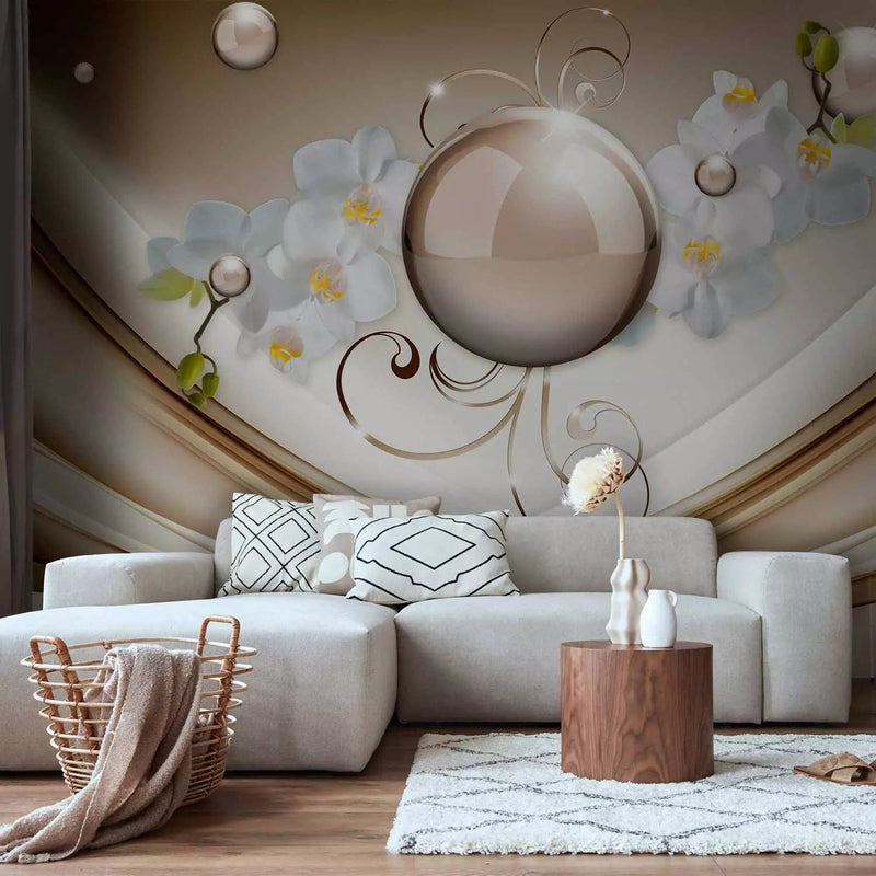 Wall Murals with elegant orchids and abstraction in gold, 62055G-ART