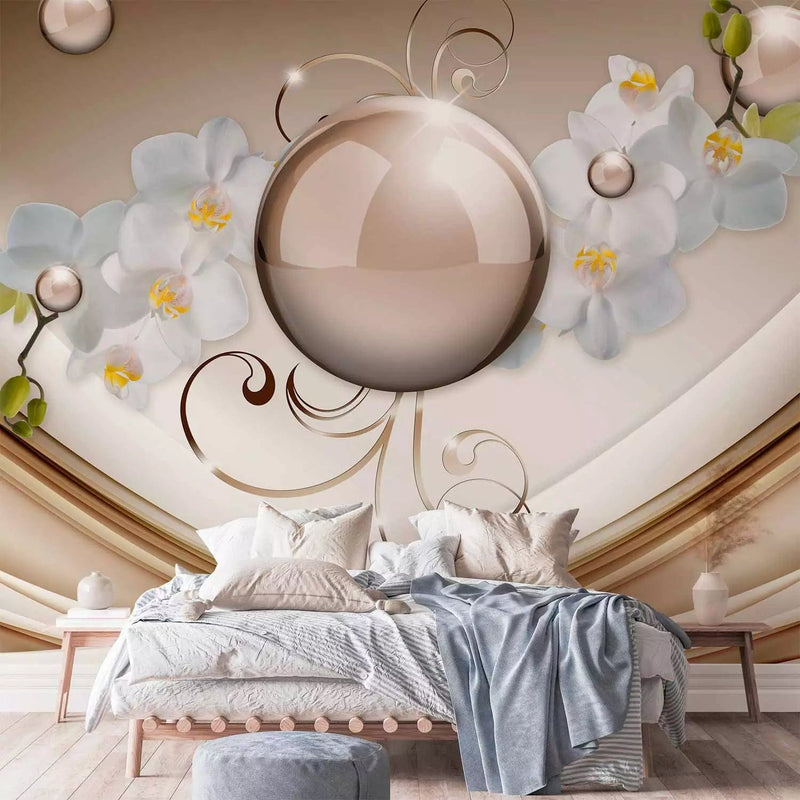 Wall Murals with elegant orchids and abstraction in gold, 62055G-ART