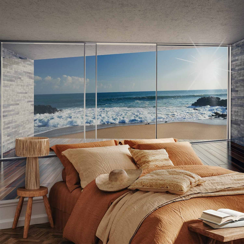 Fototapetai - peizažas su vaizdu pro langą į mėlyną dangų ir jūrą, 64121 G-ART