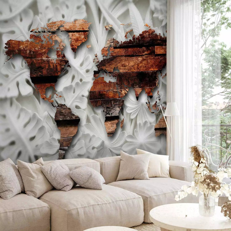 Wall Murals - Brown wooden world map with alabaster ornaments G-ART