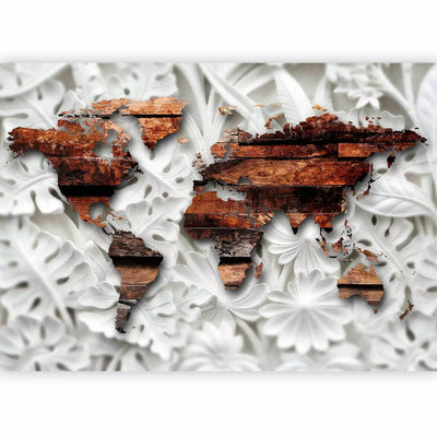 Wall Murals - Brown wooden world map with alabaster ornaments G-ART