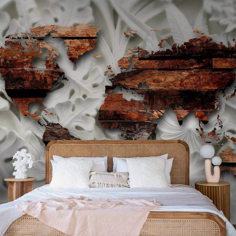 Wall Murals - Brown wooden world map with alabaster ornaments G-ART