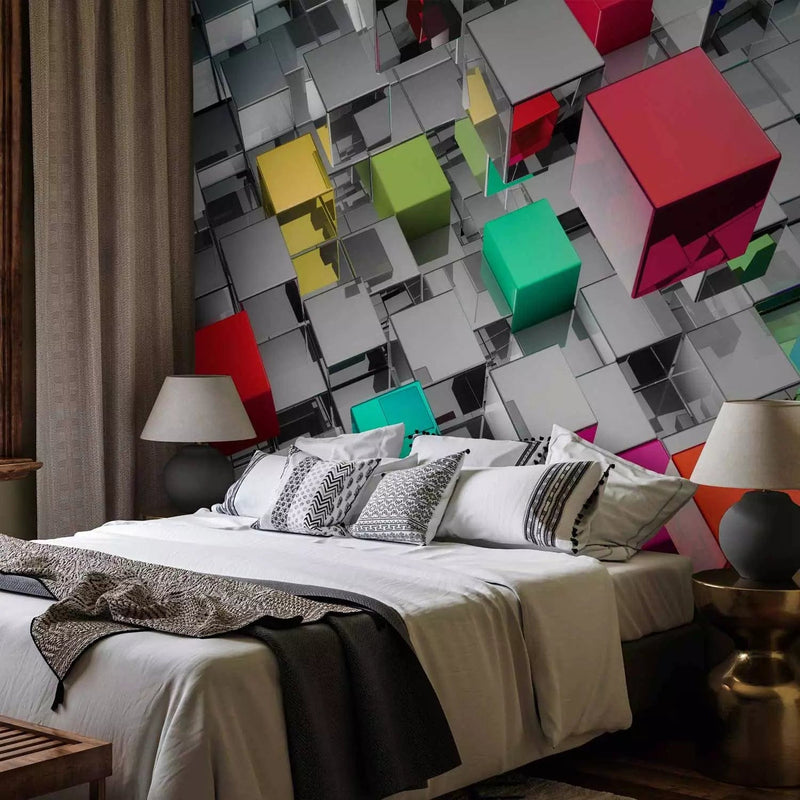 Wall Murals with 3D optical illusion - Futuristic cubes in red color G-ART