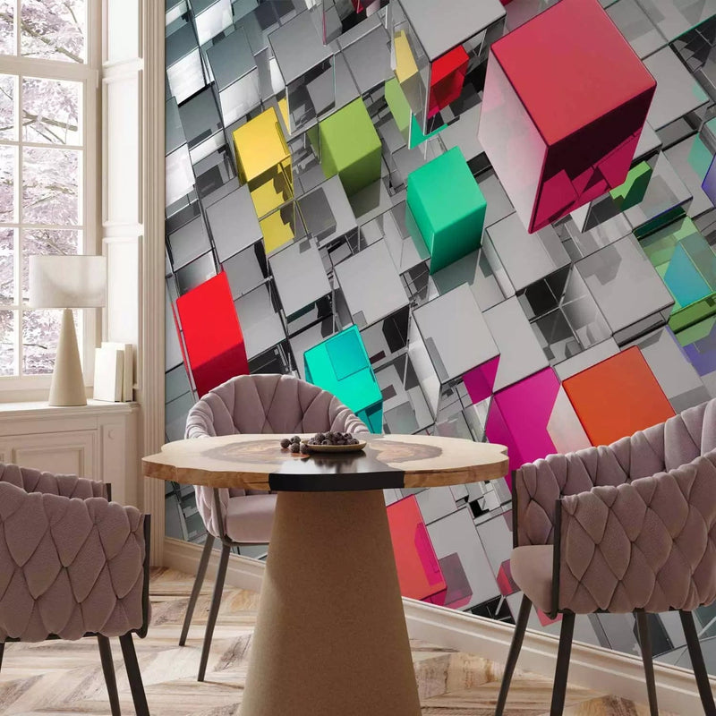 Wall Murals with 3D optical illusion - Futuristic cubes in red color G-ART