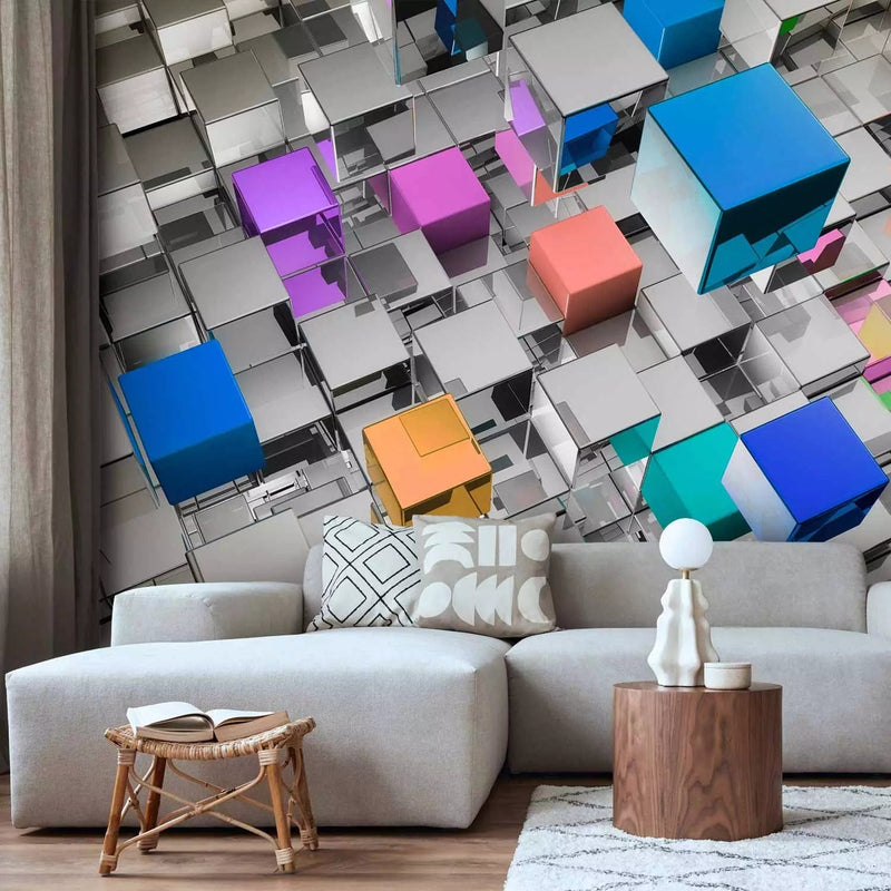 Wall Murals with 3D illusion - Futuristic cubes in blue color - 92117G-ART