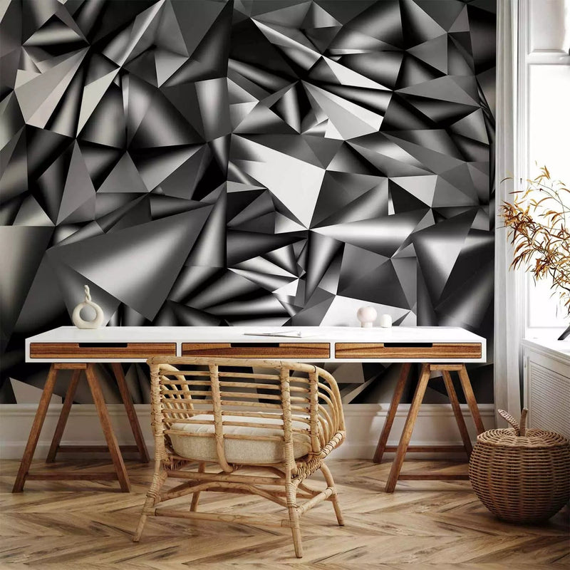 Dark Wall Murals with 3D optical illusion - Silver geometry - 93042G-ART