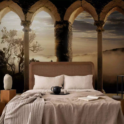 Wall Murals with stone arch and monastery in mysterious mountains - 60198G-ART