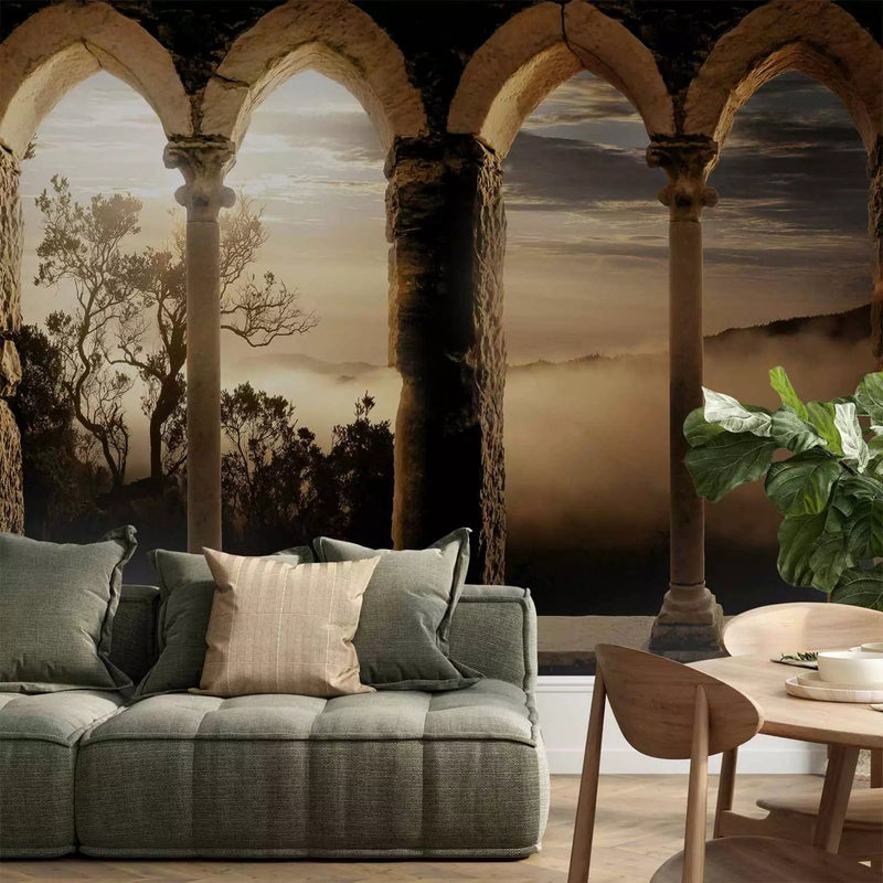 Wall Murals with stone arch and monastery in mysterious mountains - 60198G-ART