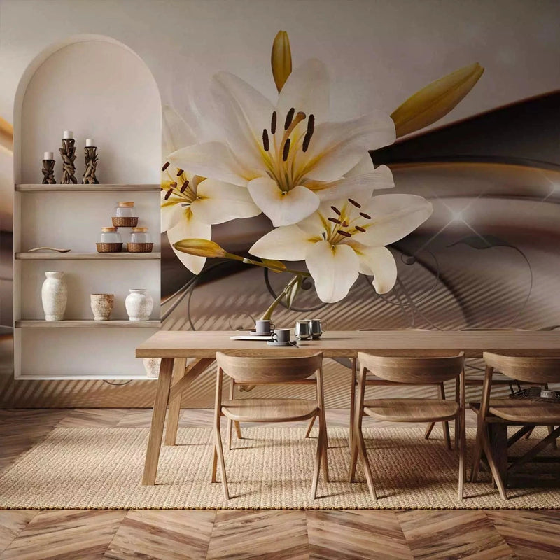 Wall Murals with white lilies on brown background - Oasis - 90448G-ART