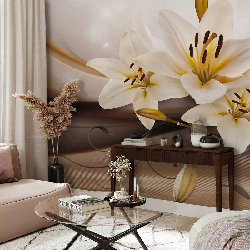 Wall Murals with white lilies on brown background - Oasis - 90448G-ART