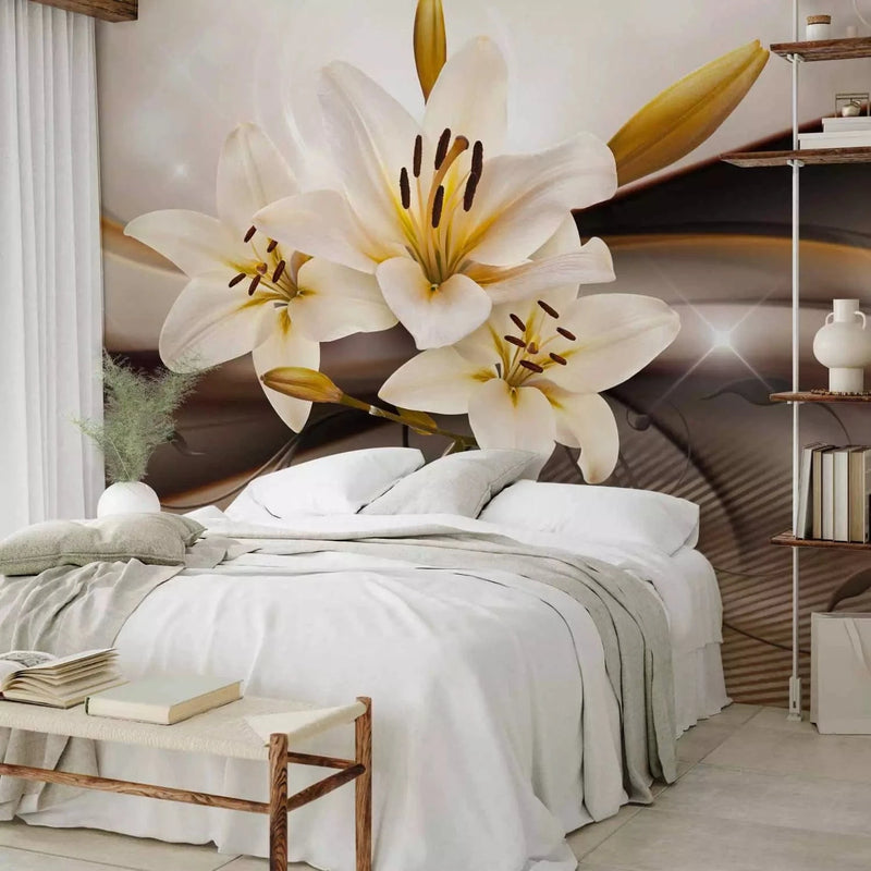 Wall Murals with white lilies on brown background - Oasis - 90448G-ART