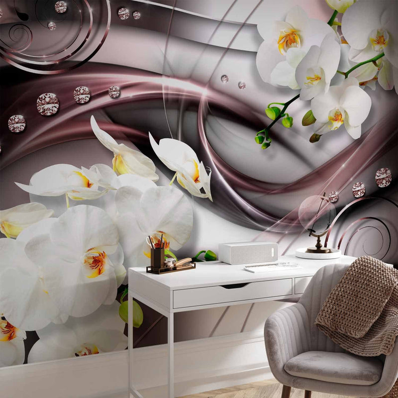 Wall Murals with white orchids on an abstract brown background - 60106 G -art