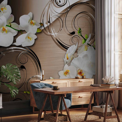 Wall Murals with white orchids on a brown background - trust, 59712 g -art