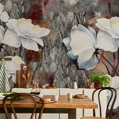 Wall Murals with white flowers on brown stones, 97277 G-ART