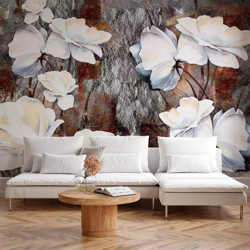 Wall Murals with white flowers on brown stones, 97277 G-ART