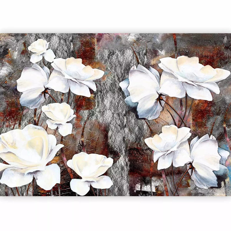 Wall Murals with white flowers on brown stones, 97277 G-ART