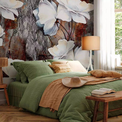 Wall Murals with white flowers on brown stones, 97277 G-ART