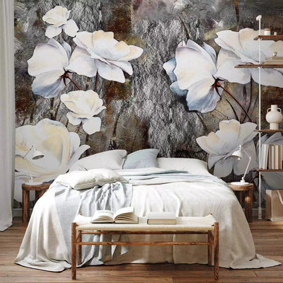 Wall Murals with white flowers on gray stones G-ART