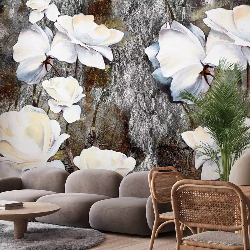 Wall Murals with white flowers on gray stones G-ART