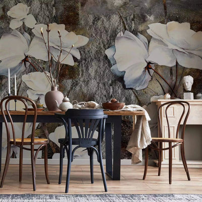 Wall Murals with white flowers on gray stones G-ART