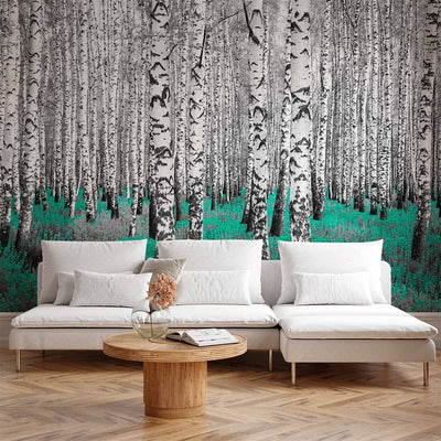 Wall Murals - Abstract forest landscape with birches and turquoise accent g-art