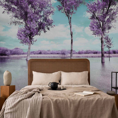 Wall Murals with nature view - trees by the water in Provence style in purple color, 60444 G-ART