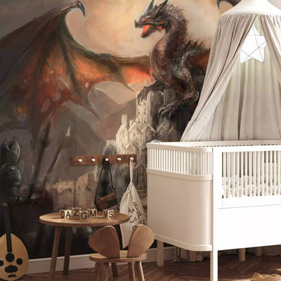 Wall Murals- children's fantasy with a dragon on a castle and a knight, 59720 G-ART