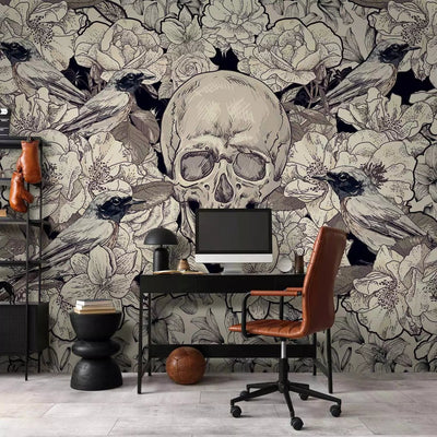 Black and white Wall Murals with skull on white background with birds G-ART