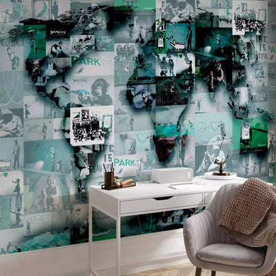 Wall Murals with graffiti, Green street art and Banksy - world map G-ART