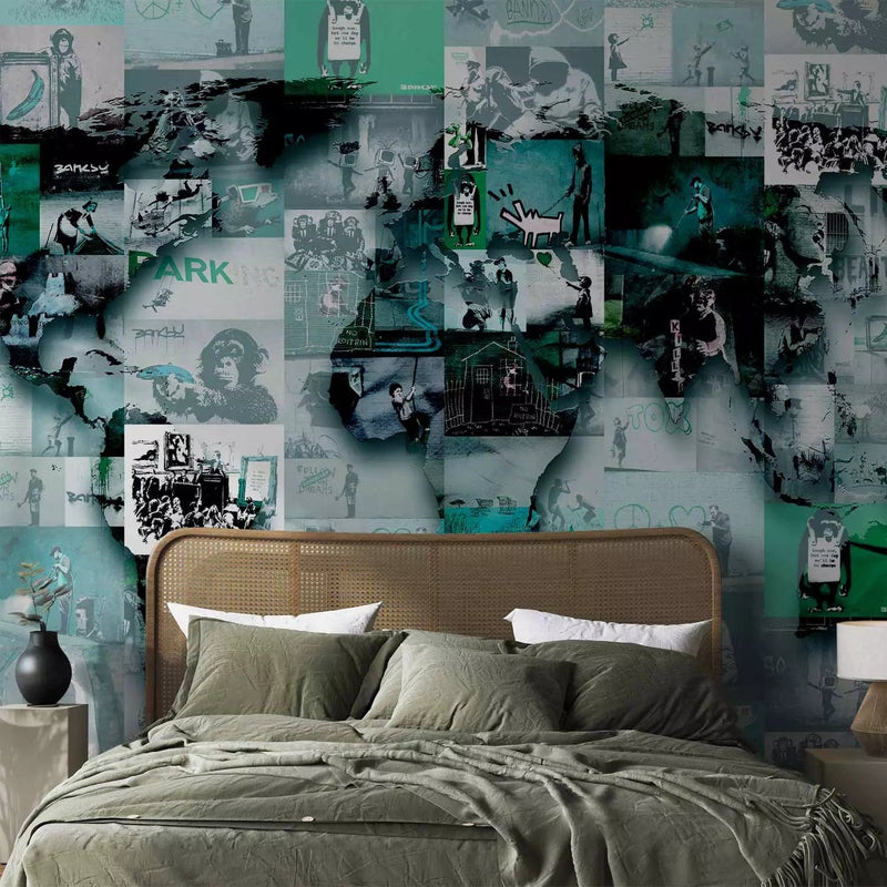 Wall Murals with graffiti, Green street art and Banksy - world map G-ART