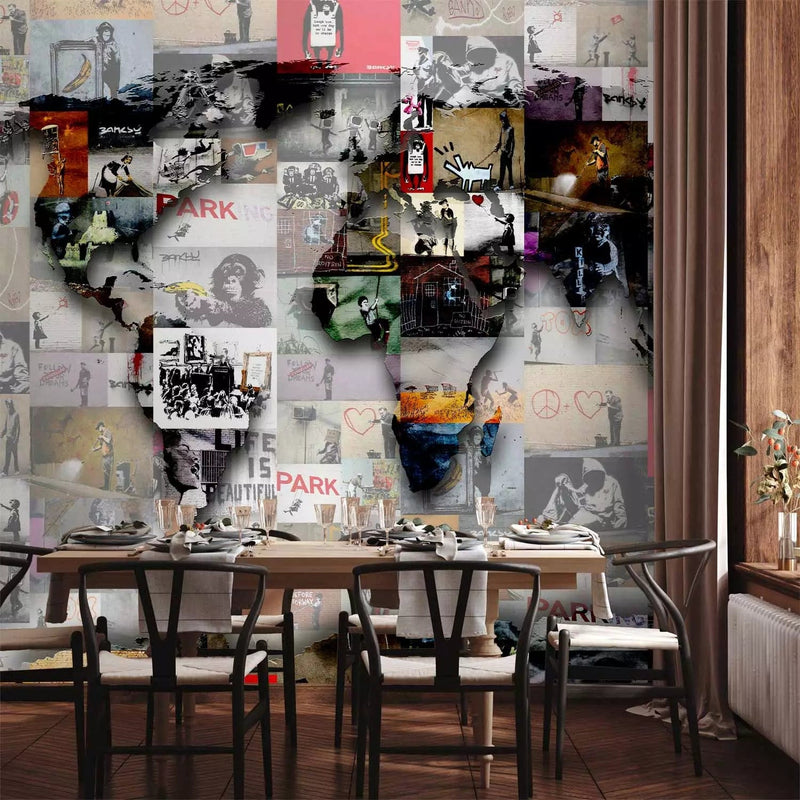 Wall Murals with graffiti - a world map in the form of a collage from graffiti G-ART