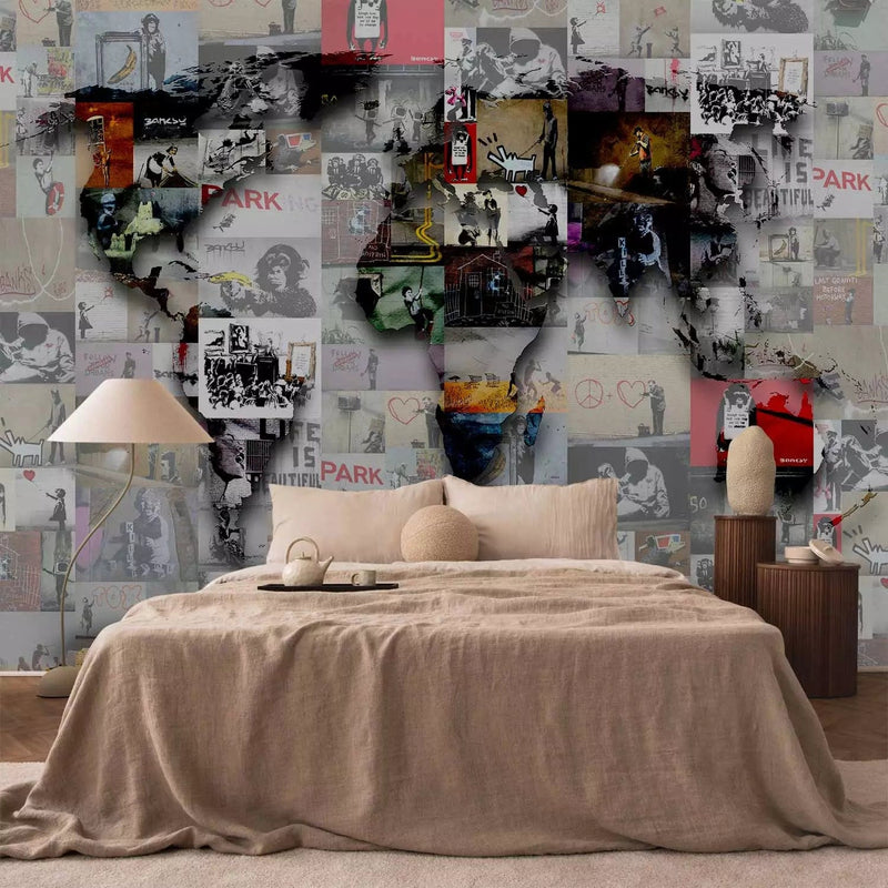 Wall Murals with graffiti - a world map in the form of a collage from graffiti G-ART