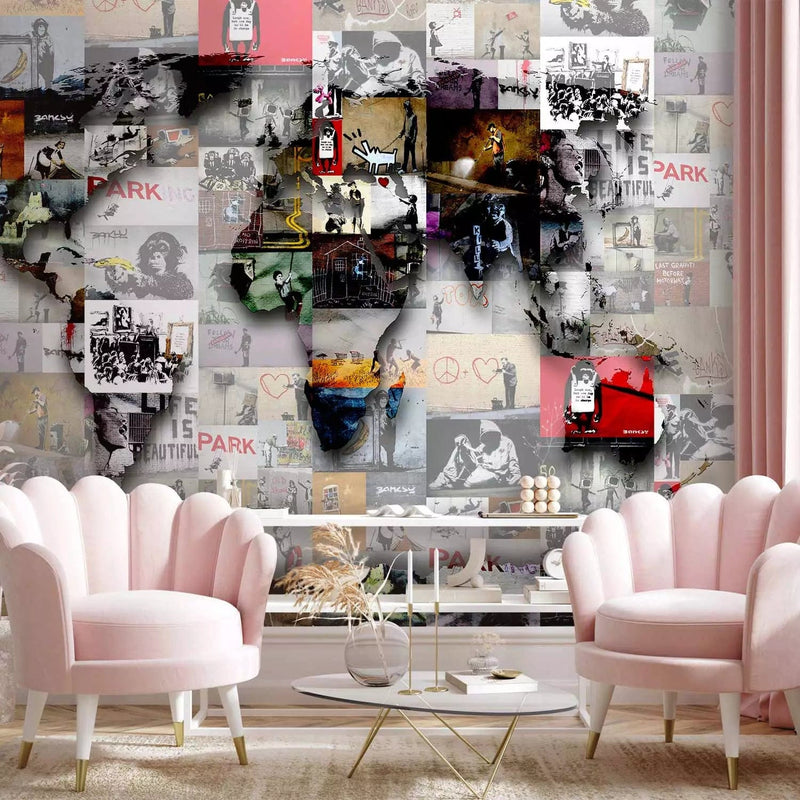 Wall Murals with graffiti - a world map in the form of a collage from graffiti G-ART