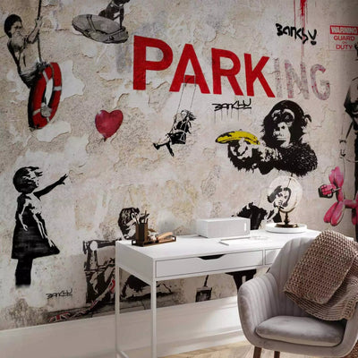 Wall Murals with graffiti in Banksy style - beige and red, 65709 G-ART