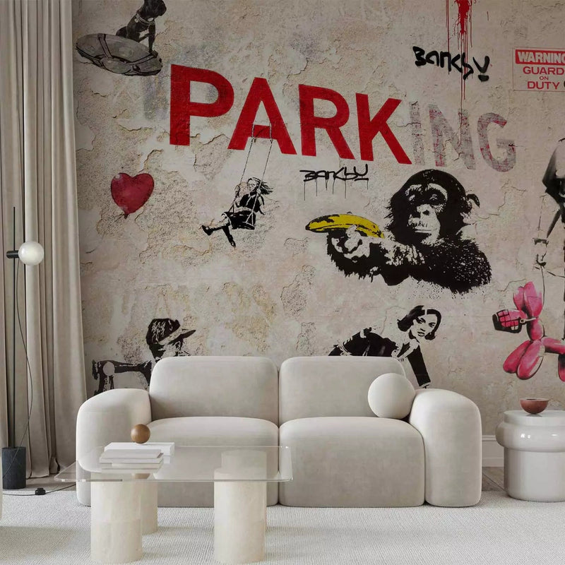 Wall Murals with graffiti in Banksy style - beige and red, 65709 G-ART