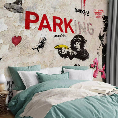 Wall Murals with graffiti in Banksy style - beige and red, 65709 G-ART