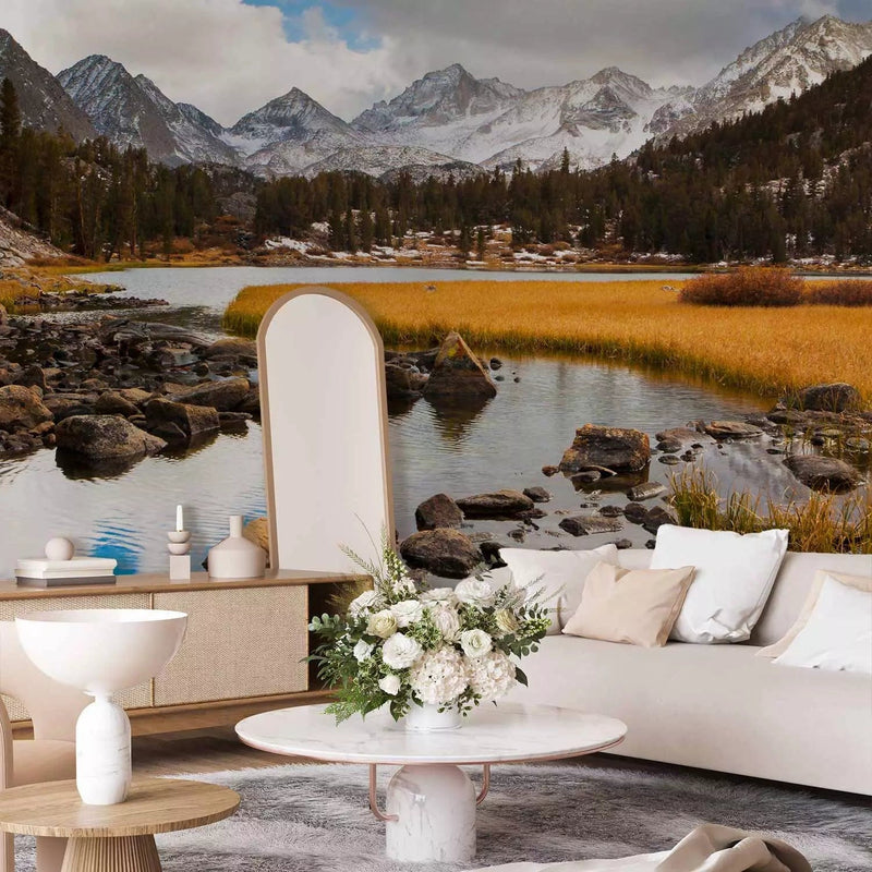 Wall Murals for living room with forest stream and mountains, 60597, brown, blue G-ART